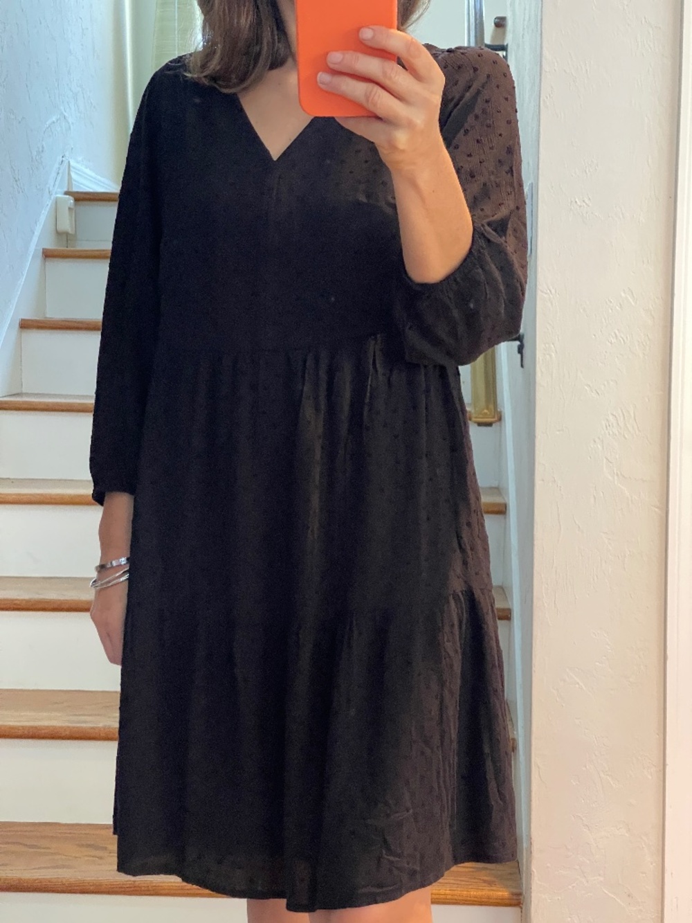 Loft tiered clip dots 3/4 sleeves flowy black mini dress women XS